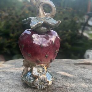 Glass Strawberry 🍓 perfume bottle with butterfly on stem. Decor trinkets
